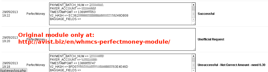 WHMCS Perfect Money gateway log result